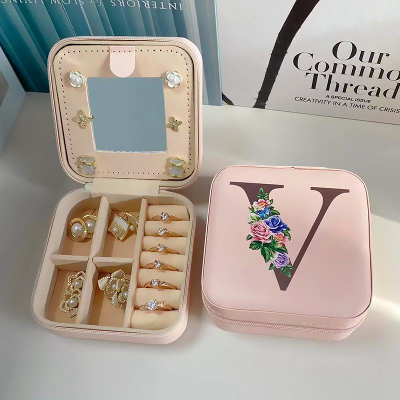 PU Jewelry Box Storage Mirror Box 26 Printed Letter Jewelry Box Portable Jewelry Storage Box Earring Ring Box