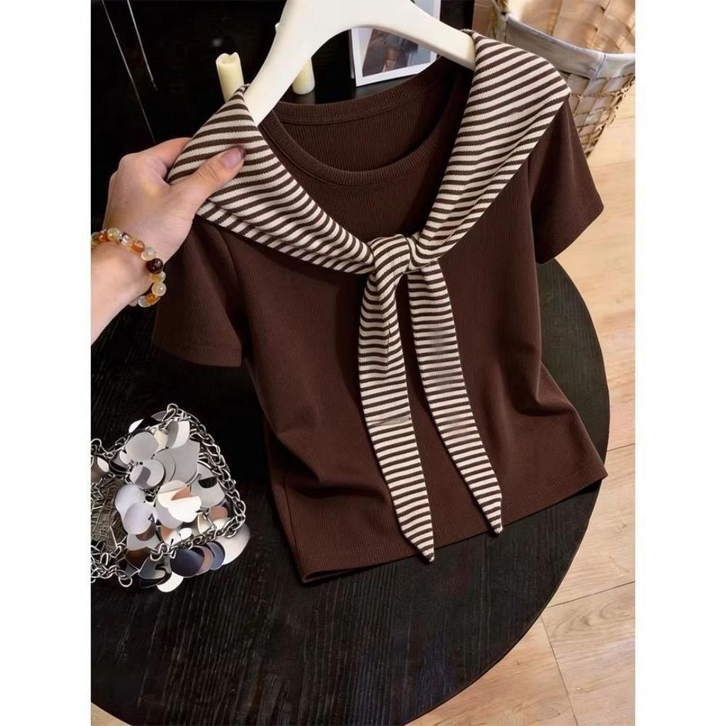 Korean design sense niche coffee color shoulder short-sleeved T-shirt women's summer new foreign style striped shawl top