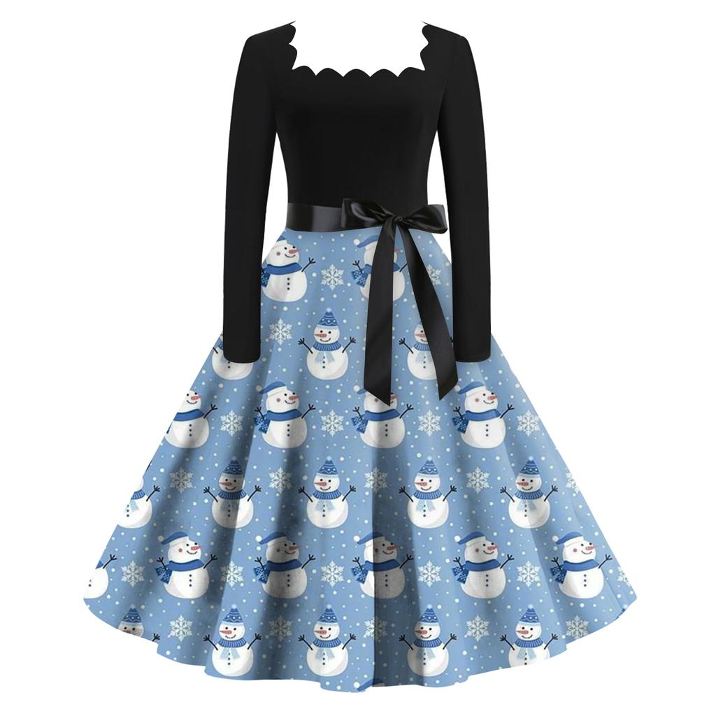 Женское модное ретро вечернее платье с длинным рукавом, квадратным вырезом и рождественским принтом