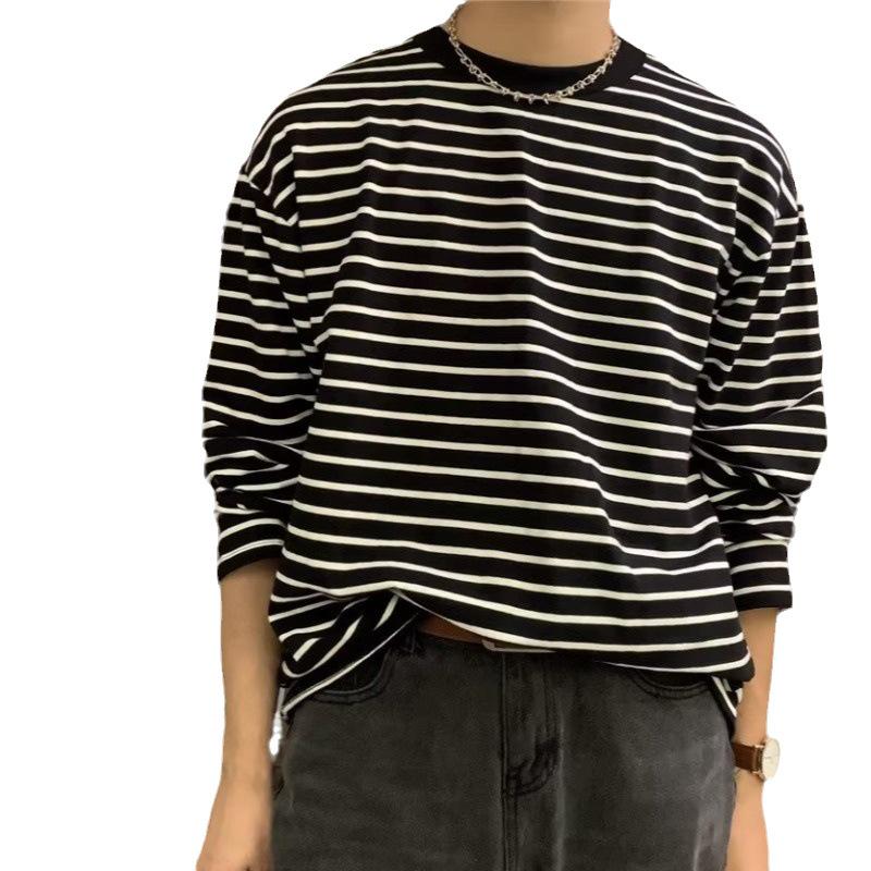 Мужской осенний повседневный топ в полоску с длинными рукавами - тренд корейского стиля