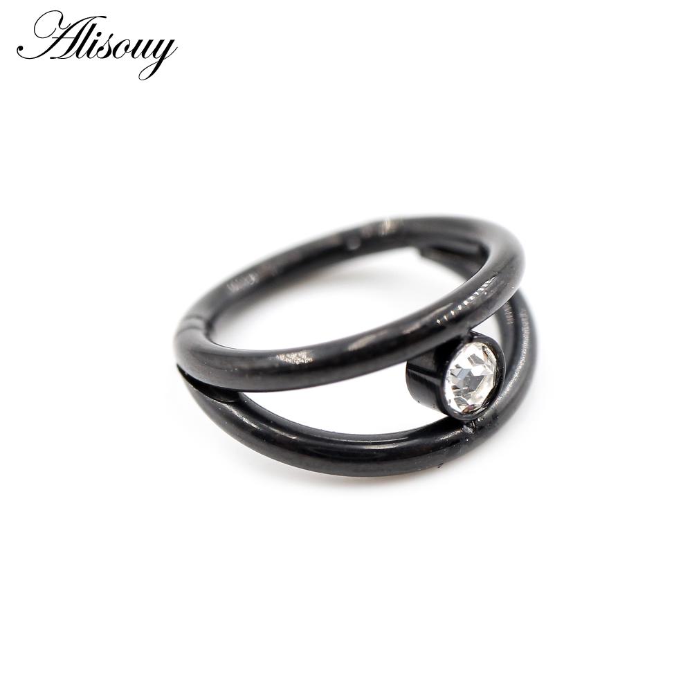 Alisouy 1pc Two Layers Zircon CZ Cartilage Earrings Stainless Steel Hinged Piercing Septum Clicker Nose Rings Hoop Segment Rings
