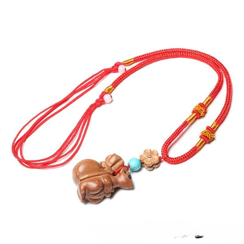 Браслет из резного дерева персика с крысой - Ручная работа, красная нить, украшения для привлечения богатства и удачи, метафизическая защита, ожерелье и подвеска для телефона