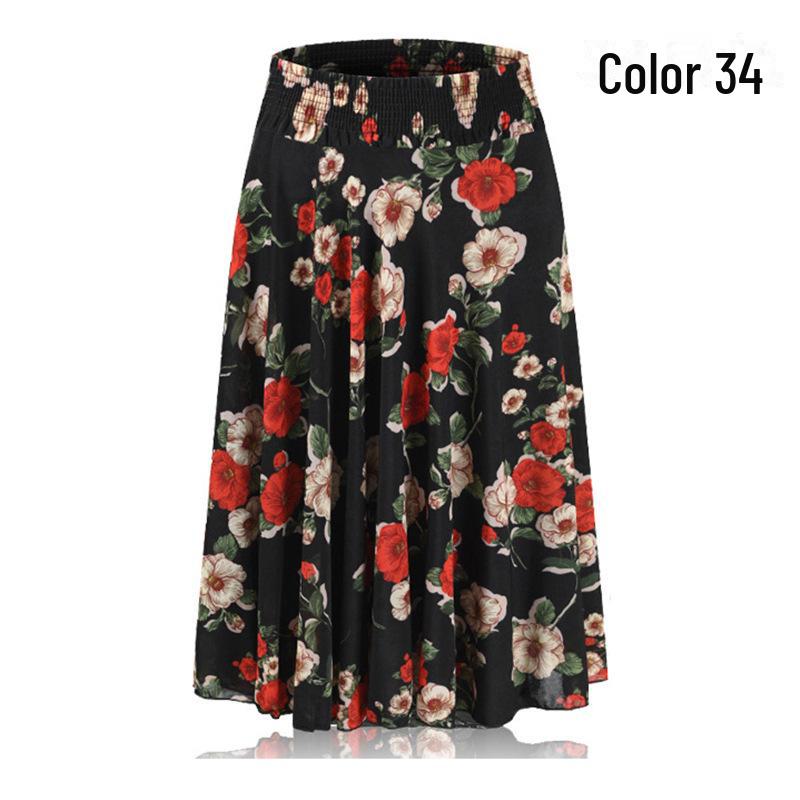 Women's Summer Floral Ice Silk Pleated Skirt - Mid-Length with Elastic Waist