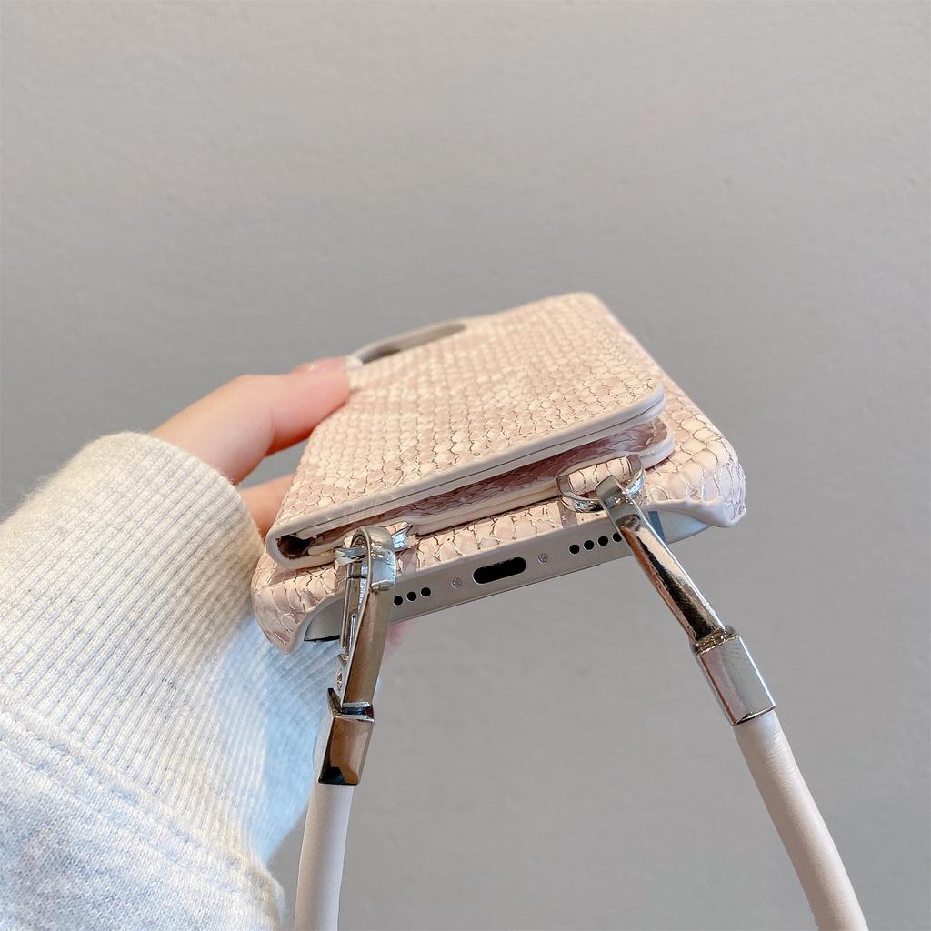 For iPhone 15 Pro Case Card Holder Mirror Snake Texture PU+PC Back Cover with Lanyard