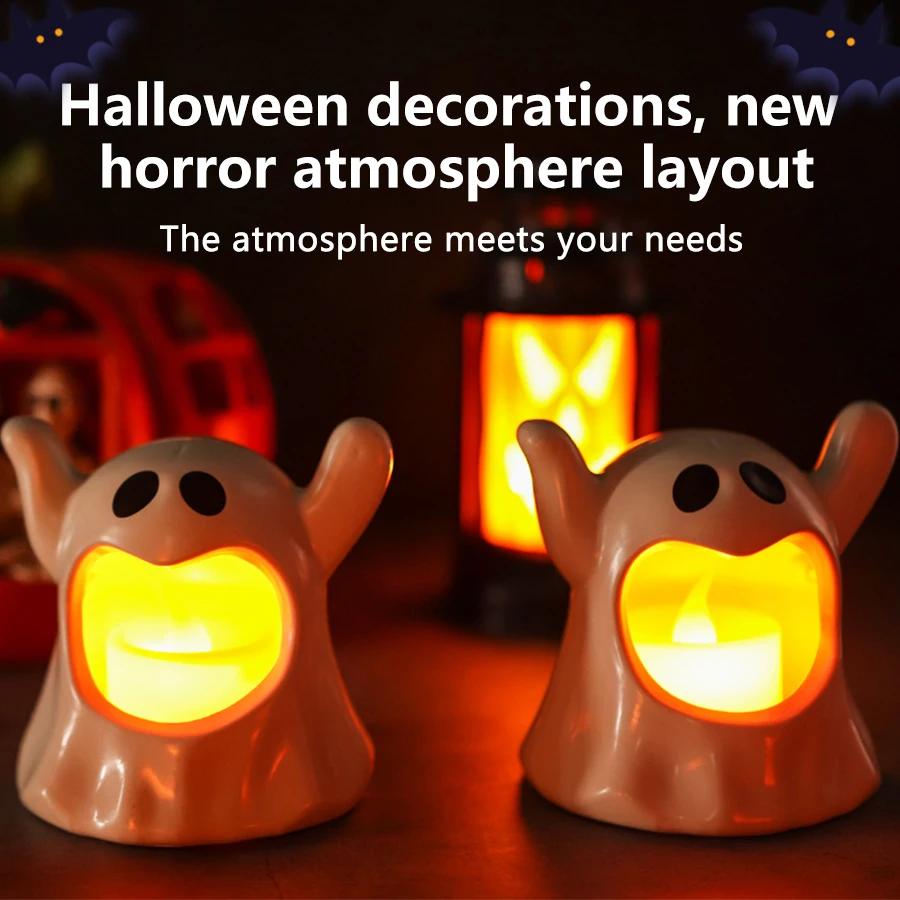 LED Ghosts Candle Light Cute Halloween Decorative Candle Lamp Ghost Night Light Ornament Halloween Horror Props Party Home Decor