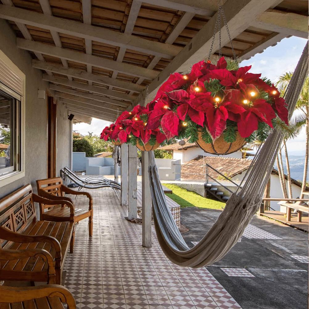 Pre Lit Christmas Hanging Basket Flocked with Mixed Decorations and LED Lights Artificial Frosted