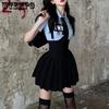 Preppy Style Women Two Piece Set Shirt Outfit High Waist Corset Strap Mini Pleated Skirt Vintage School Uniform Suit