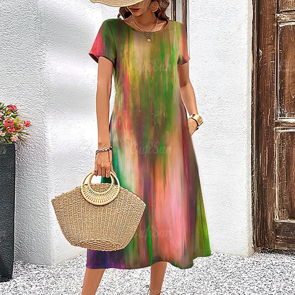 Летние платья с короткими рукавами, стильная женская одежда с контрастными цветами, длинное платье с принтом 3D Tie-Dye, женская одежда, свободный свитер с круглым вырезом