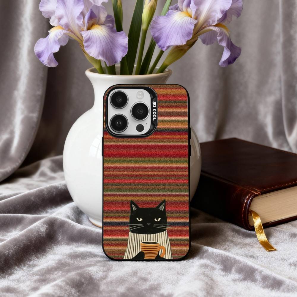 S-Striped C-Coffee Cat Phone Case For iPhone17,16,15,14,13,12,11 Plus,Pro Max Candy Silver Plated Inside Cover