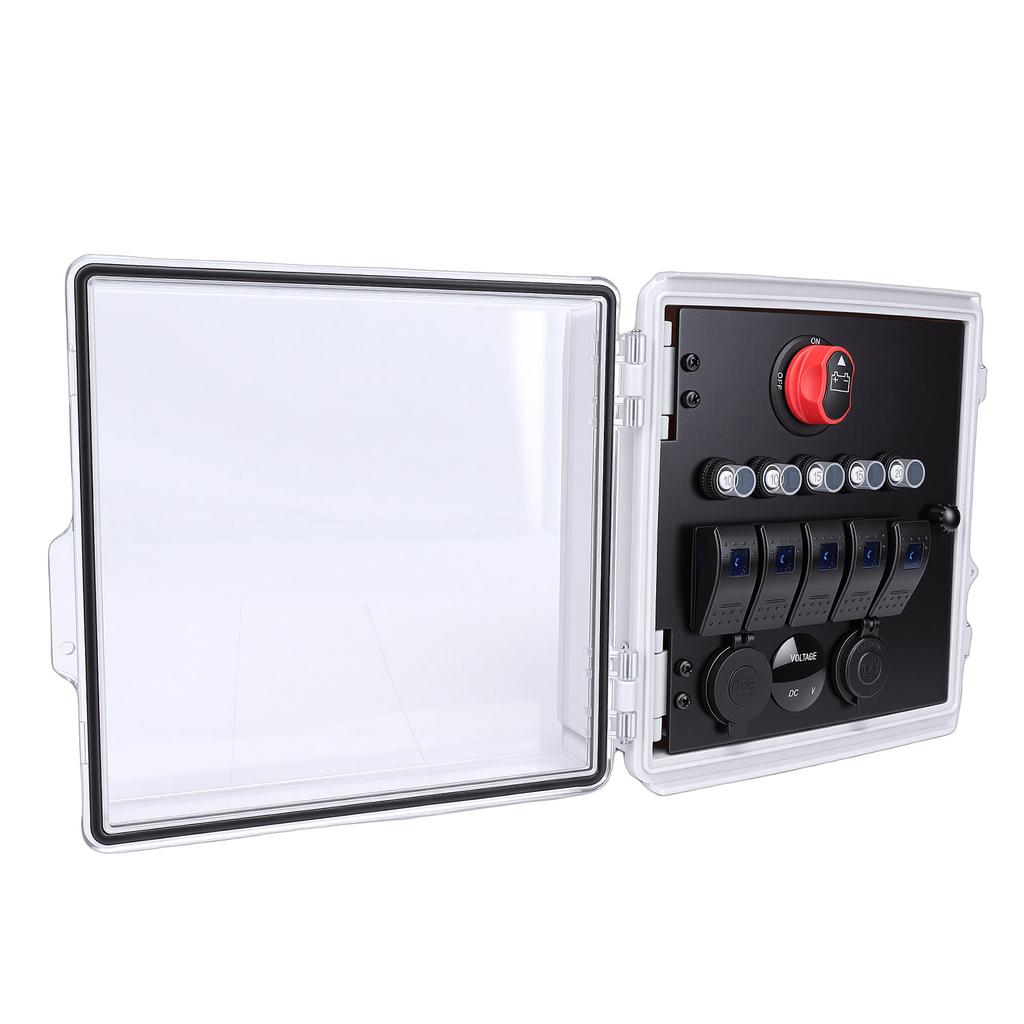 Rocker Switch Water Proof Box 5 Gang 3 Position LED Toggle Switch Panel with Voltmeter USB Charger Style B