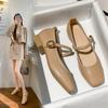 Soft Leather Single Shoes Women's Spring Style Shallow Mouth Square Head Thick Heel One-word Buckle Mary Jane Shoes Square Head Grandma Shoes