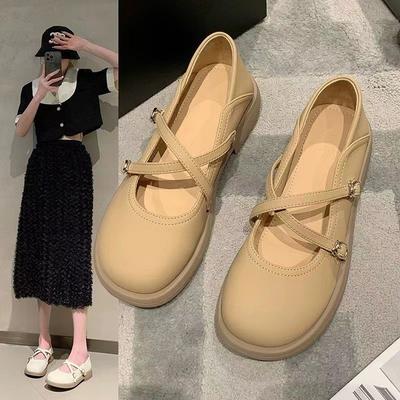 2024 осень новые одинарные туфли женские туфли толстый каблук плоский дно неглубокий носок круглая головка однословная пряжка маленькие кожаные туфли студенческие одинарные туфли