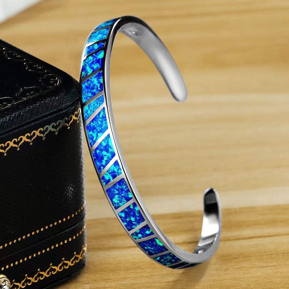 Ekopdee Blue Fire Opal Stone Open Bangles Silver Plated Minimalist Bracelets Jewelry Best Gifts For Girl Women