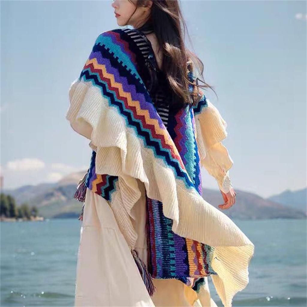 Womens Ethnic Retro Head Cape Thick Color Striped Shawl Scarf