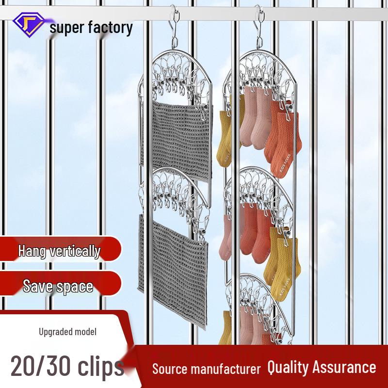 Multi-Layer Stainless Steel Drying Rack with Windproof Hooks for Socks & Underwear