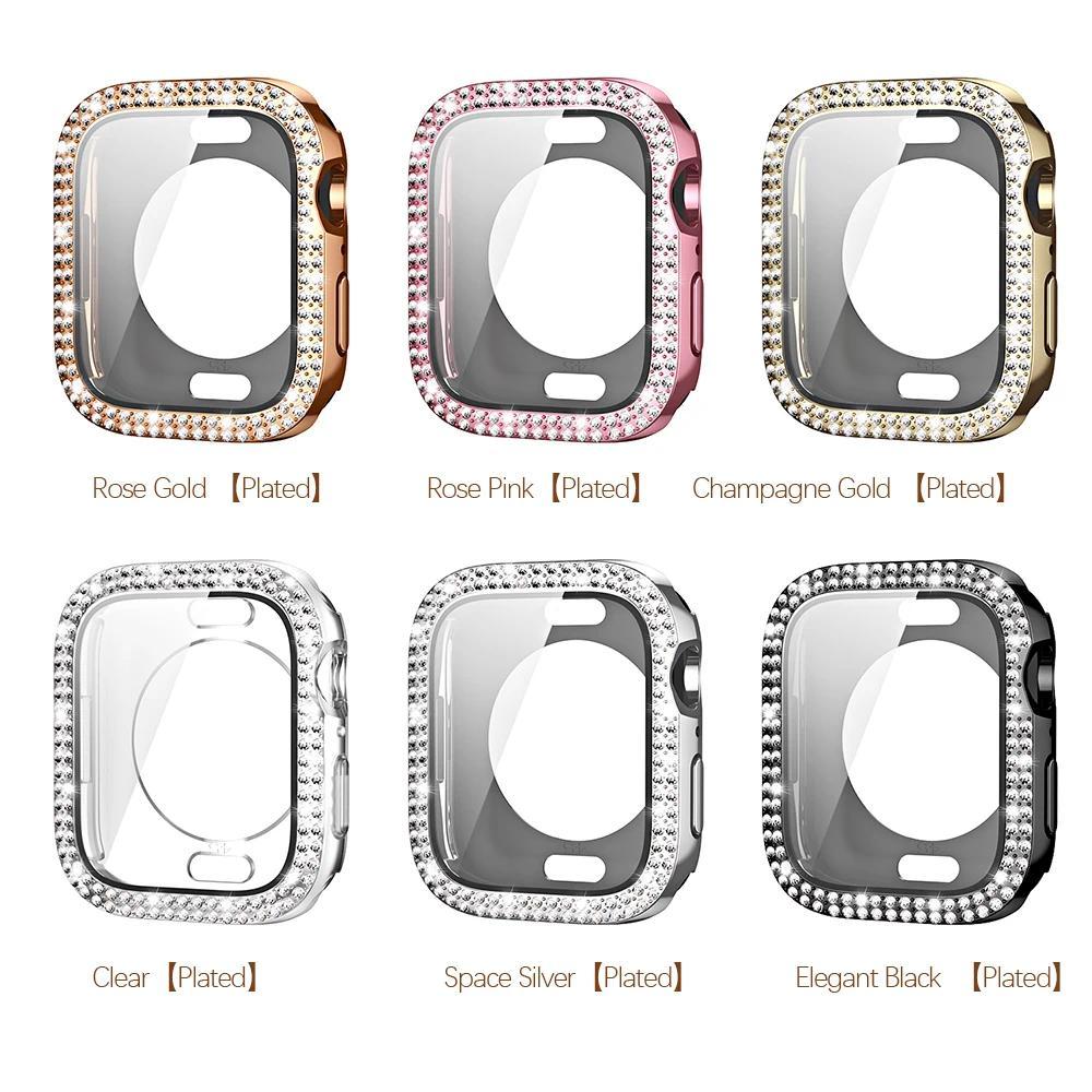 Сверкающий Чехол со стеклом для Apple Watch 44 45мм 41мм 40 42мм 44мм Алмазный бампер+Защитное стекло для Серии 11 10 9 8 7 5 6 SE
