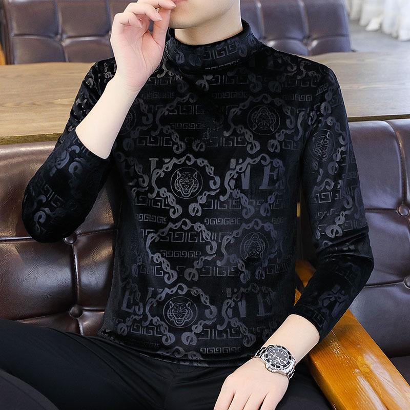 Мужская модная толстовка из золотистого бархата со средней горловиной и длинными рукавами - плотная, теплая, осенне-зимняя футболка с полувысоким воротником