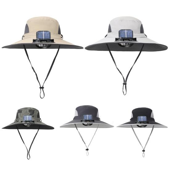 Men Outdoor Hat with Detachable Solar Fan Large Brim Windproof Strap USB Charging Anti-UV Sunlight Protection Hollow Mesh Great Breathability