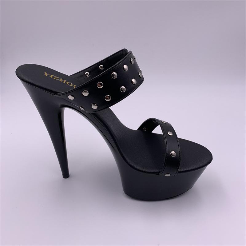 Женская обувь, сандалии на высоком каблуке с заклепками, модные пикантные танцевальные туфли на тонком каблуке, каблук 15 см, платформа 5 см YKC