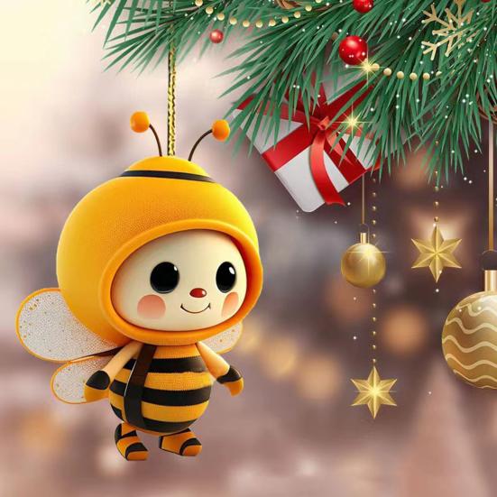 Cartoon Bee Pendant Double-Sided Print Acrylic Craft Handmade Cute Yellow Bee Christmas Tree Ornament for Home Office Car Wall Decoration
