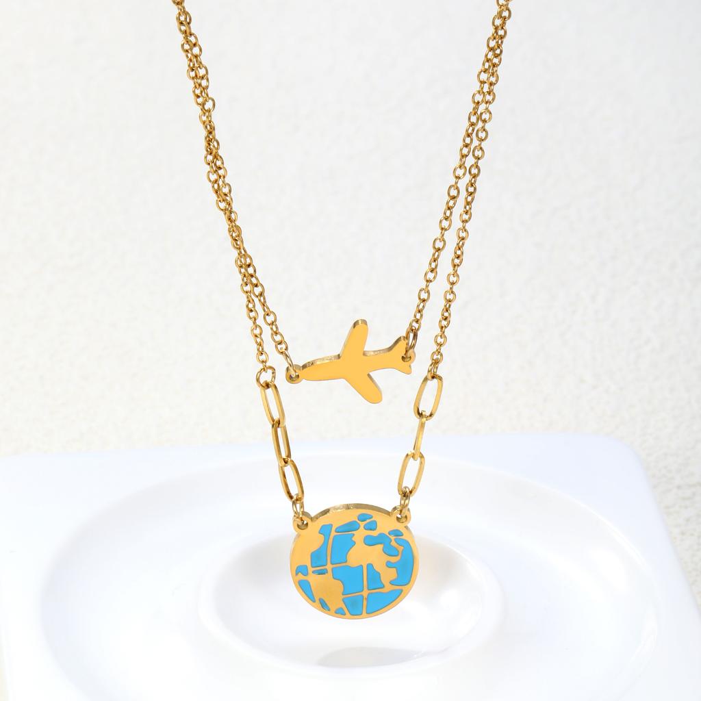 Designer Fly Plane Global Earth Pendant Necklace Women Men Couple Gold Plated Stainless Steel Anniversary Jewelry Romantic Gifts