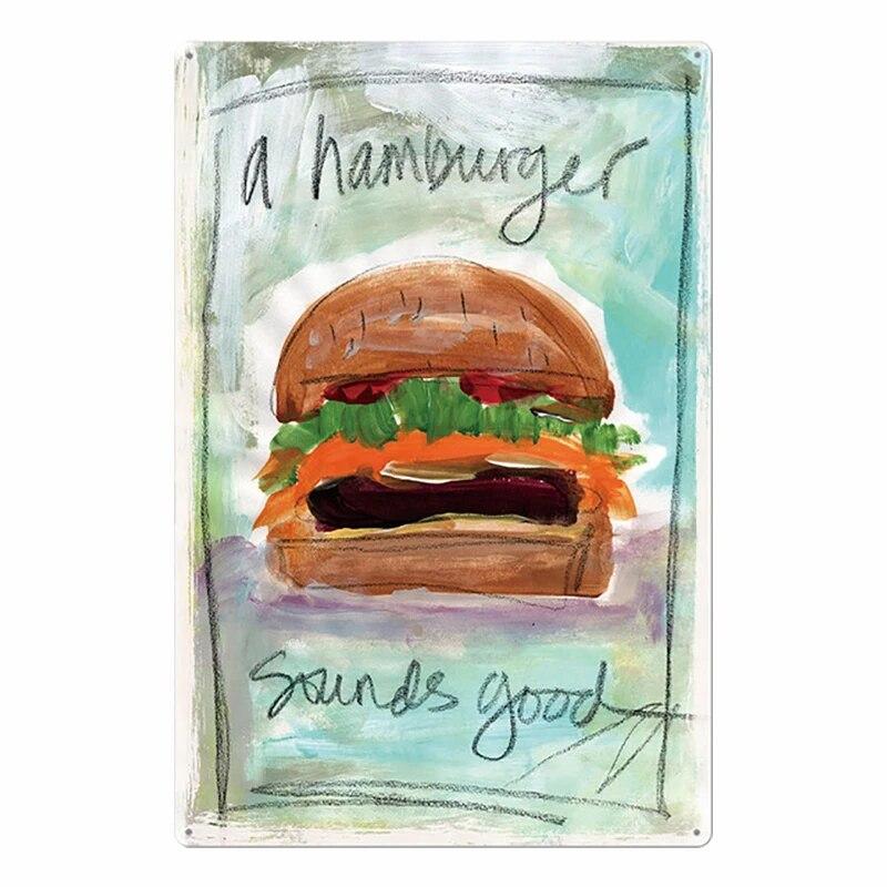 Hamburger Metal Tin Sign Plaque Vintage Burgers and Fries Metal Plate Poster Kitchen Restaurant Shop Wall Decor