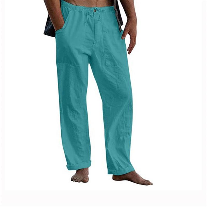 Мужские летние пляжные удобные дышащие свободные хлопковые льняные брюки для йоги, эластичные брюки на шнурке