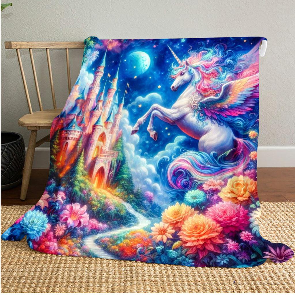 Unicorn Fantasy Castle Flowers Blanket Soft Comfortable All Seasons Couch Office Nap Travel Festive Gift