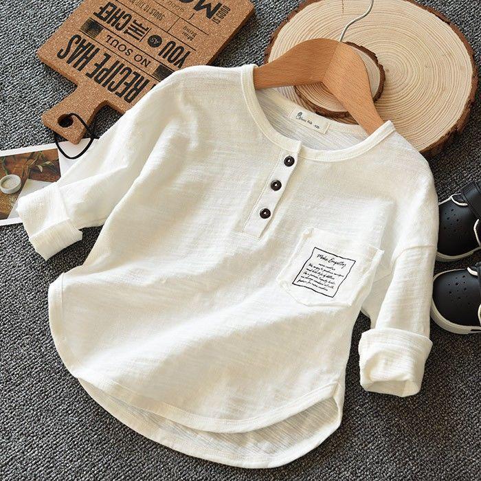 Boy Button Cotton Long-sleeve T-shirts Solid Color Spring Autumn Letters Pocket Children's Bottoming Shirts 2-12 Year Boys Tops