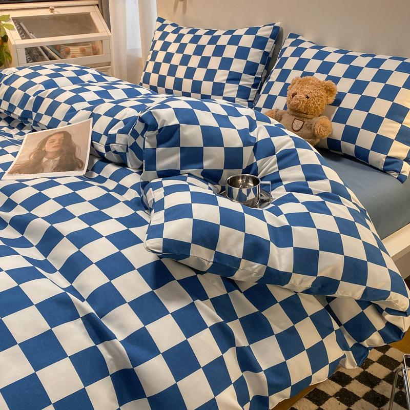 Простыня в клетку из четырех предметов и пододеяльник в японском стиле в скандинавском стиле, набор из трех предметов из стираного хлопка с начесом