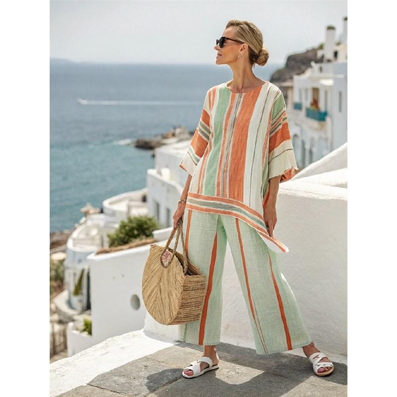 Japanese-style vertical stripe ramie bamboo fiber top for women, summer loose casual versatile V-neck shirt pants set