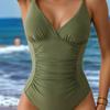 Women's Swimsuit Solid Color V-neck Pleated Slim One-piece Swimsuit Bikini Suit Beachwear Bathing Suits