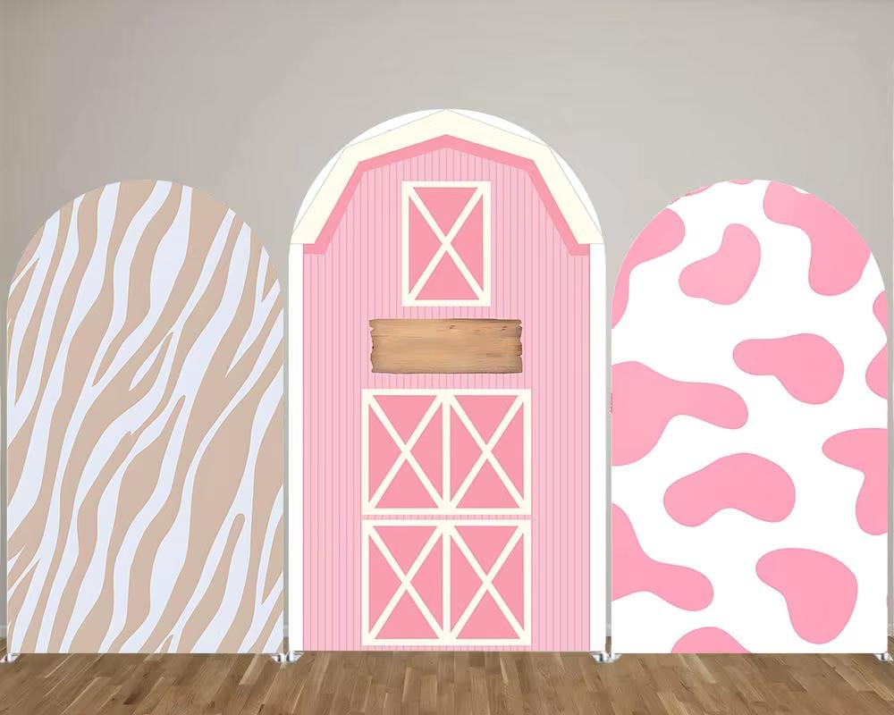 BEPAN Pink cow theme arched column background customizable baby birthday party christening baby shower decoration props stretch fabric