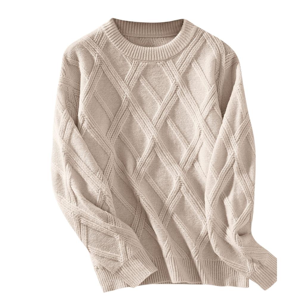 Women's Loose Round-Neck Pullover Diamond Textured Knitted Sweater Long Sleeved Tops