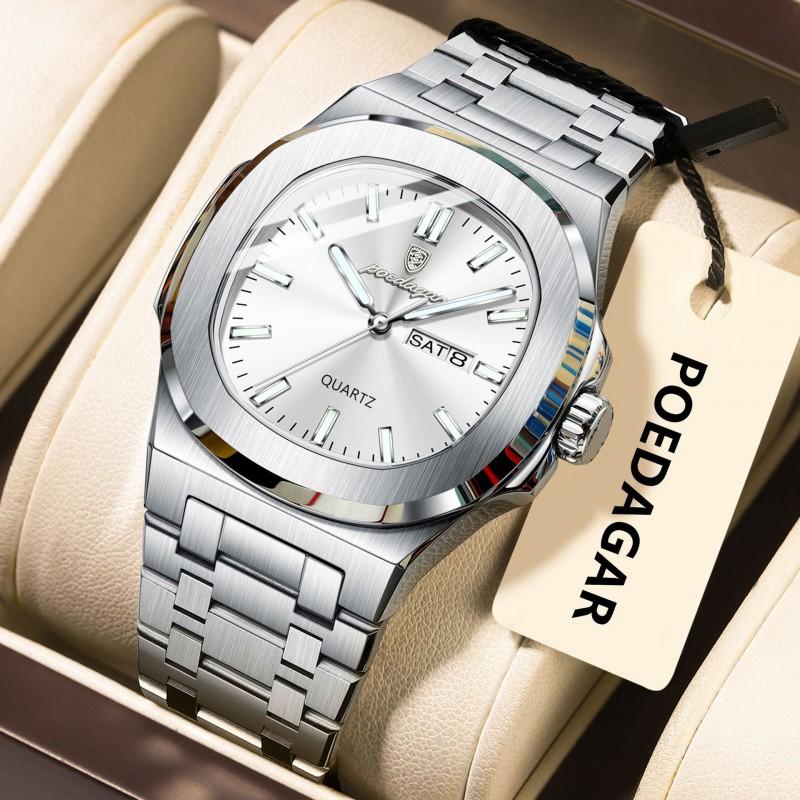 Swiss Style Square Quartz Mens Watch With Luminous Hands 50M Waterproof Stainless Steel Band