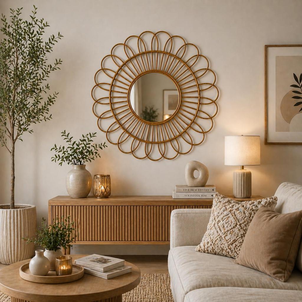 Eco Decx Rattan Flower Wall Mirror, Handwoven Boho Decorative Hanging Mirror for Bedroom & Living Room Decor, 60 x 2 x 55 cm