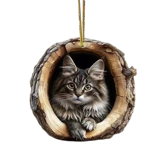 2D Кошка Украшение Подвесное Акриловая Кошка в Дупле Дерева Украшение Елочная Игрушка для Любителя Кошек Подарок Праздничный Декор