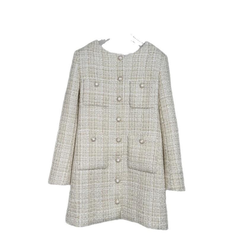 2026 Womens Silk-Lined Beige Plaid Blazer Coat With Four Pockets Round Neck Mid-Length