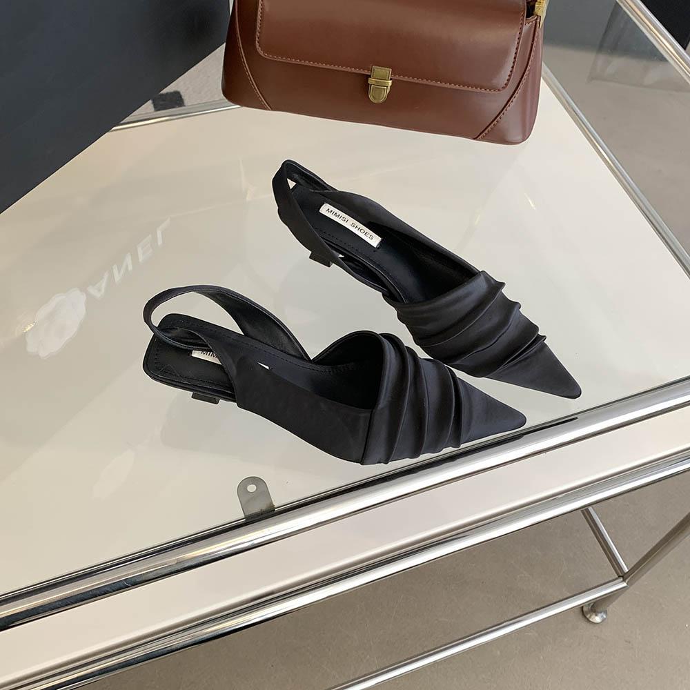 Fashion Summer Women Sandals Pointed Toe Black Brown Red Elastic Back Strap Thin Mid Heels New Arrivals 2024 Black Brown Red Pumps 35-39