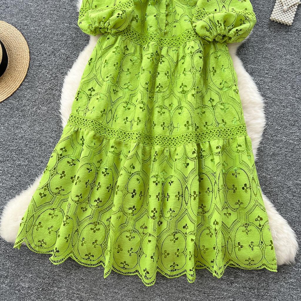 Весна-лето Женские V-образные вырезы с рукавами-фонариками Вышитые кружевные длинные макси вечерние платья