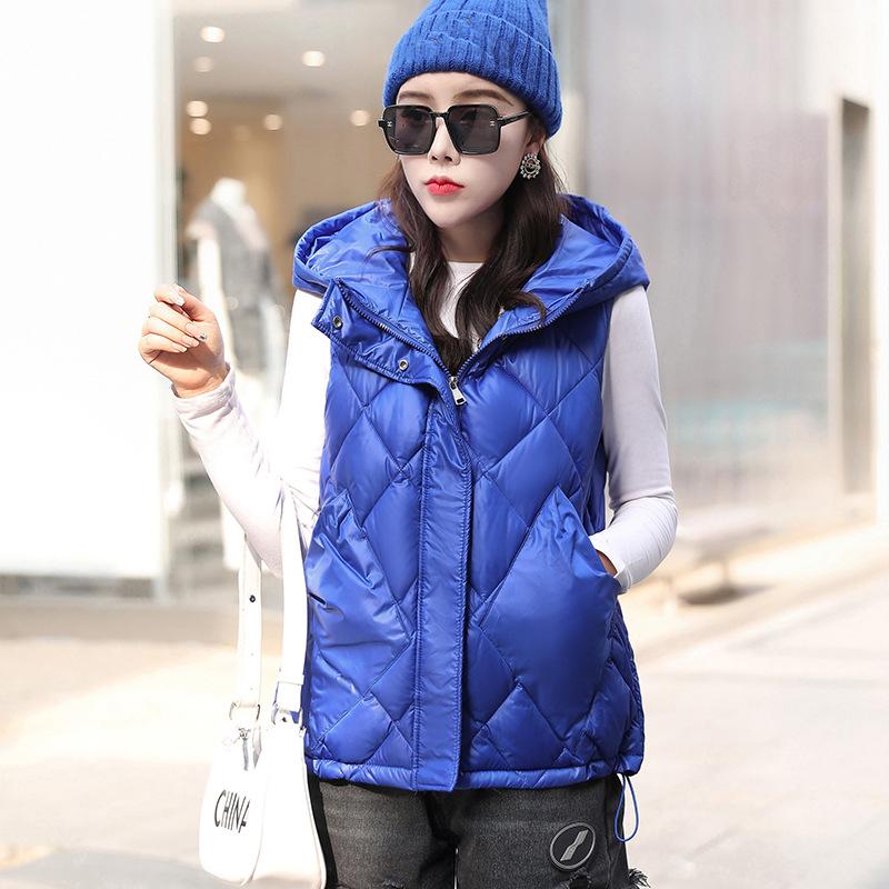 Women Autumn Winter Soild Color Rhombus Thicken Outwear Cotton Padded Hooded Sleeveless Warm Jacket Coat Vest