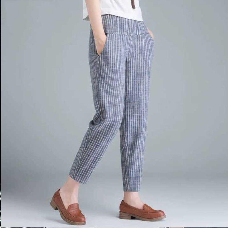 Casual Loose Women Pants Striped Cotton Linen Women Trousers Plus Size Korea Fashion High Waist Pencil Pants 10299