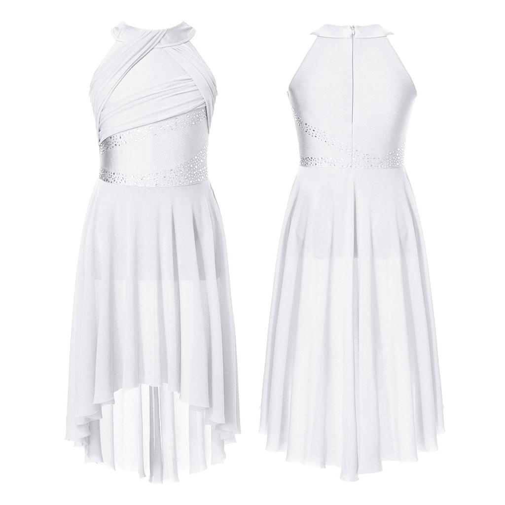 Детское лирическое платье для латинских танцев для девочек, купальник без рукавов со сверкающими стразами и рюшами, балетная танцевальная одежда