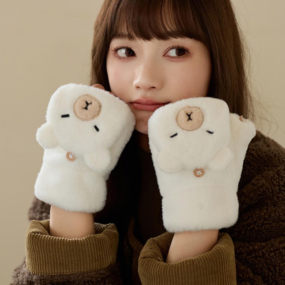 Faux Rabbit Hair Cartoon Anti-cold Mittens Soft Animal Flip Gloves Capybara Plush Mittens Autumn