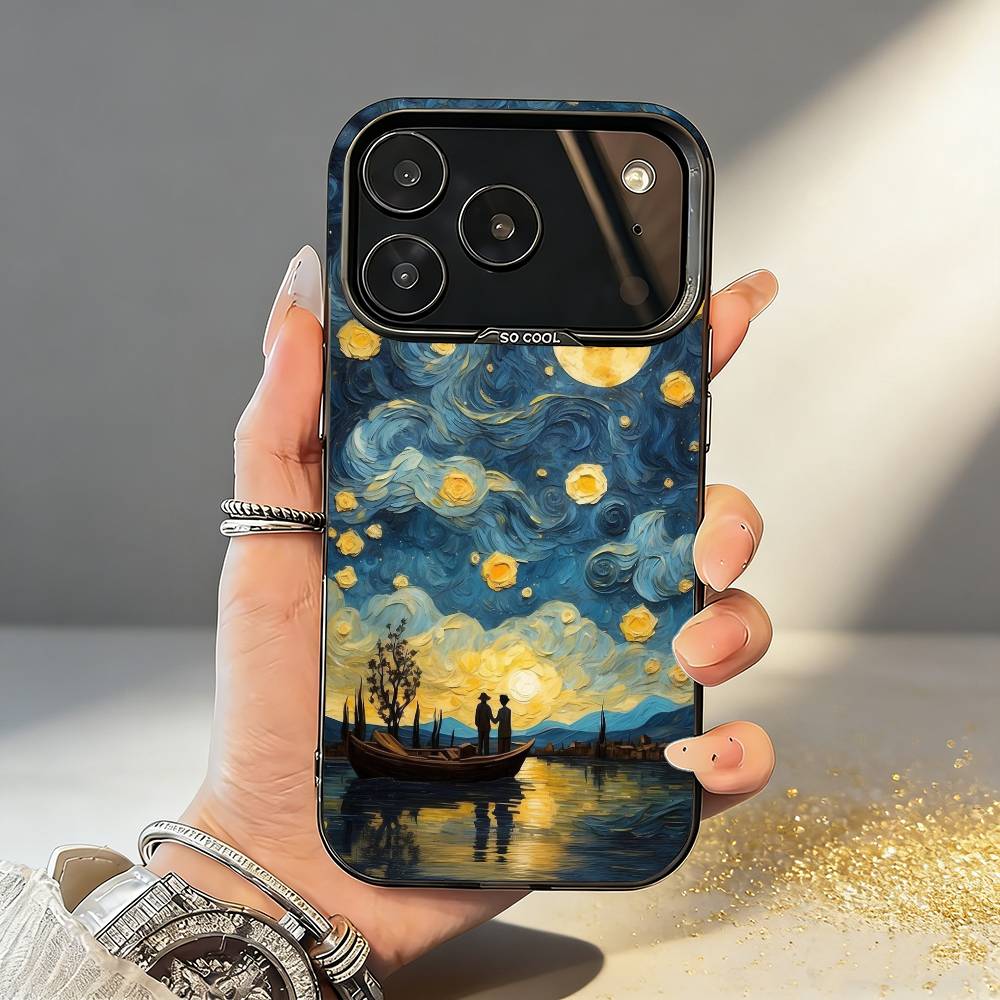 Чехол для телефона V-Van G-Gogh Звездная ночь Для iPhone17,16,15,14,13,12,11,Pro,MAX Серый Матовый Силиконовый Черный Чехол