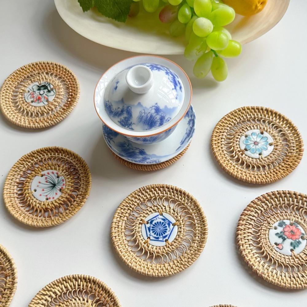 Rattan Weaving Teacup Mat Handmade Drink Cup Mat Vietnamese Rattan Ceramic Coaster Bar