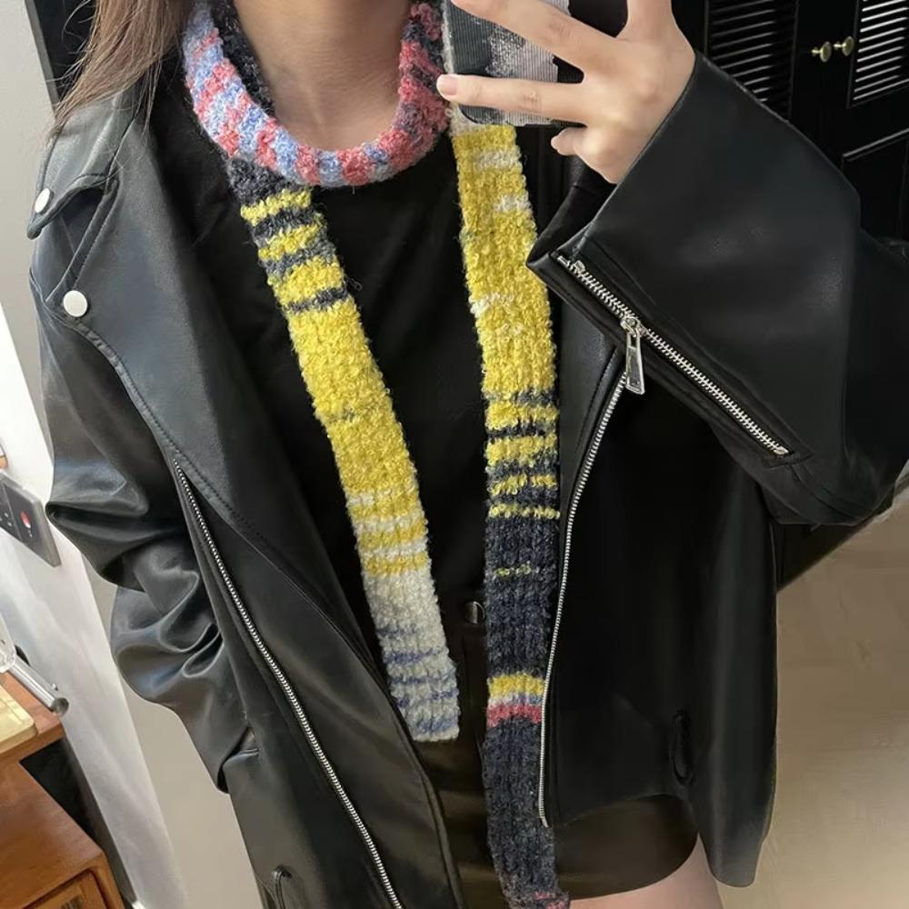 Multicolour Knitted Scarf Rainbow Stripe Thin Scarf Y2K Narrow Strip Scarf