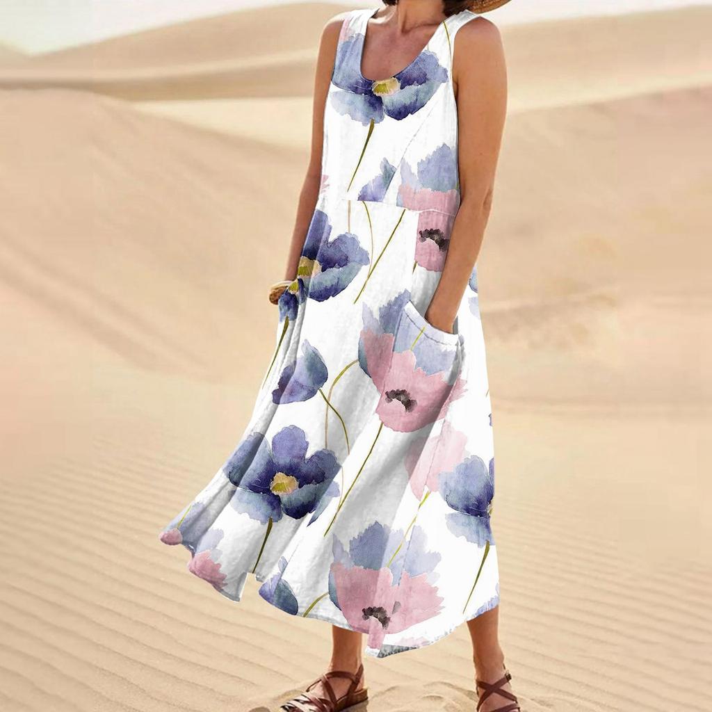 Женские модные повседневные платья из хлопка и льна без рукавов с цветочным принтом и небольшими карманами