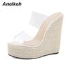 Aneikeh 2024 Summer Women Shoes Slippers Slides PVC Concise Platform Wedges Slip-On Party Round Toe Size 35-42 White