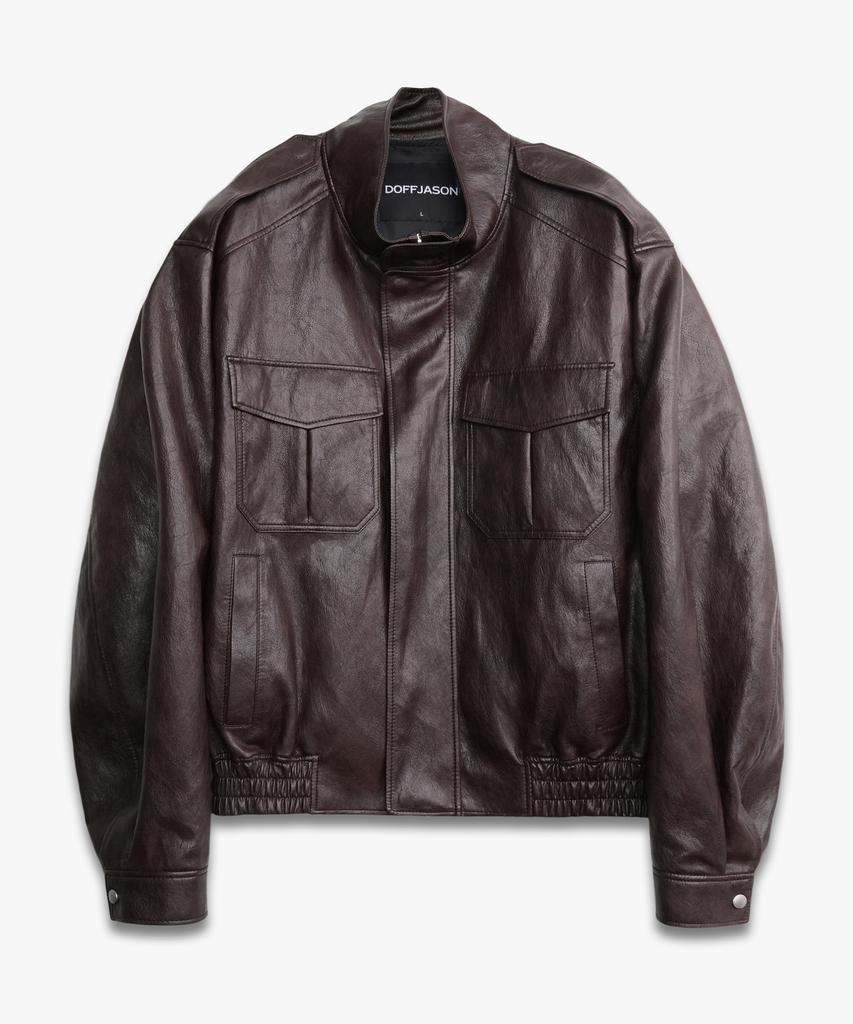 DOFFJASON High-Neck Epaulet Leather Uniform Jacket Brown